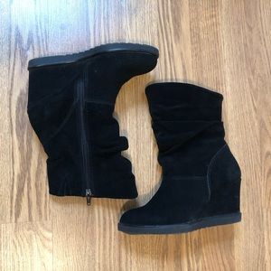 Bass & Co Black suede ankle side zip wedge booties